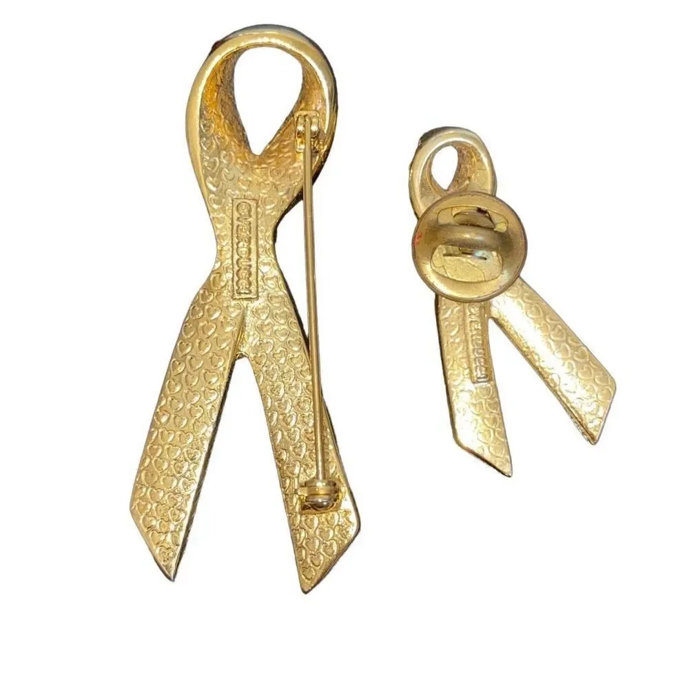 Signed Verducci Pin Set Red Rhinstone Ribbon Goldtone Breast Cancer Awareness
